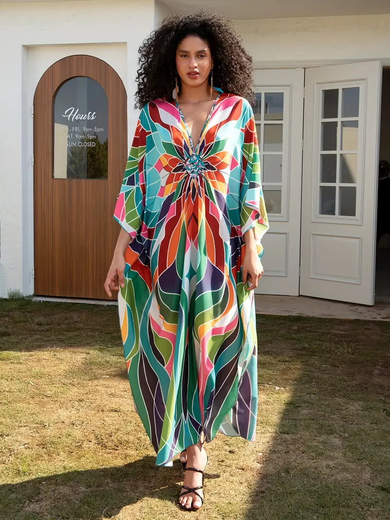 Bright Colorful Geo Floral V-Neck Kaftan Dress - Image 3