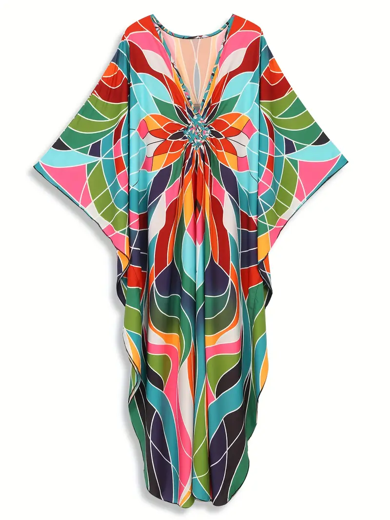Bright Colorful Geo Floral V-Neck Kaftan Dress - Image 6