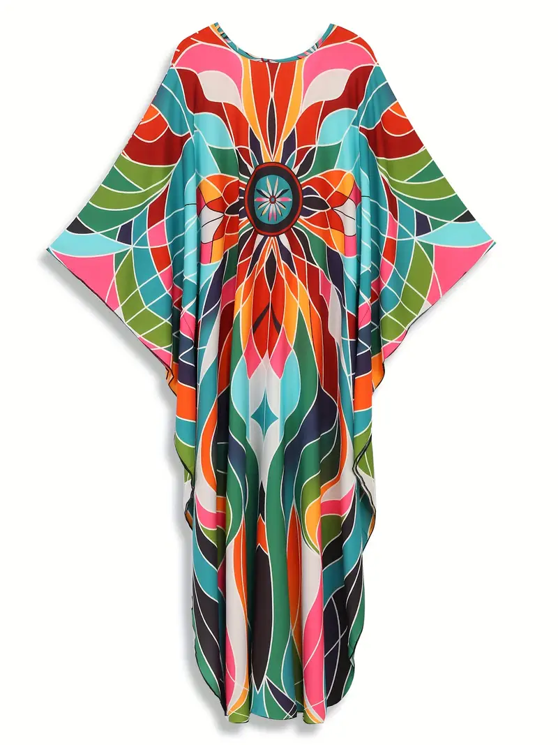 Bright Colorful Geo Floral V-Neck Kaftan Dress - Image 7
